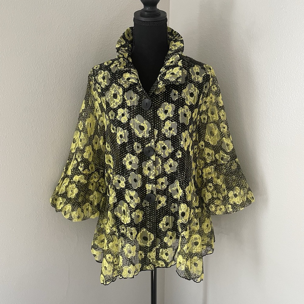 DAMEE INC. Sz M Sheer Mesh Lace Wired Collar Sequins Floral Jacket Top Artsy